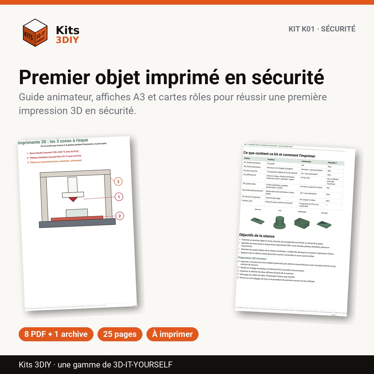 Kit K01 : Premier objet imprimé en sécurité — guide animateur, affiches A3 et cartes rôles