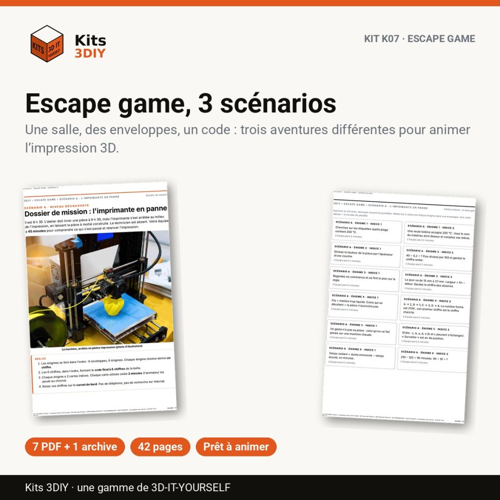 Kit K07 : Escape game, 3 scénarios — énigmes, cartes indices et carnets de bord à imprimer