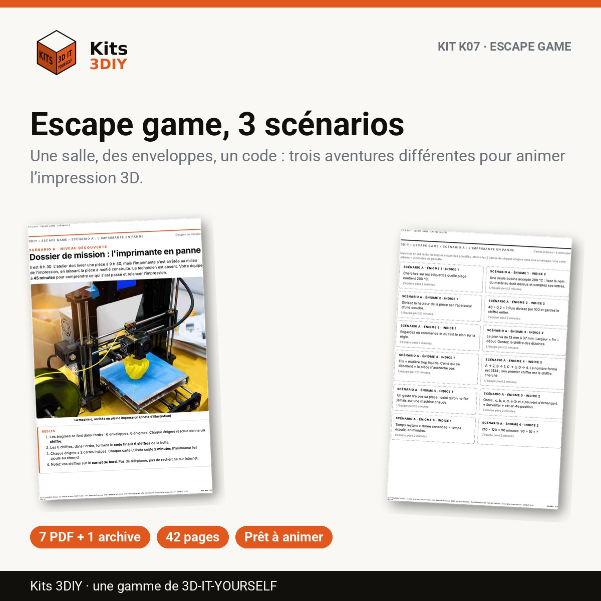 Kit K07 : Escape game, 3 scénarios — énigmes, cartes indices et carnets de bord à imprimer