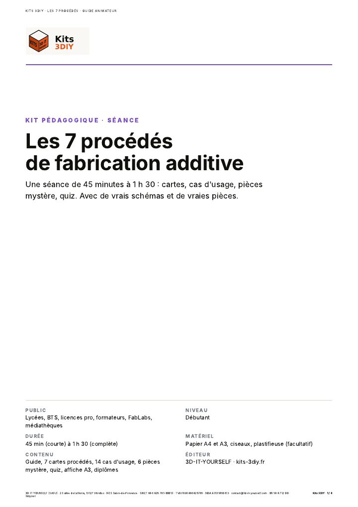 Couverture du guide animateur du kit Les 7 procédés de fabrication additive