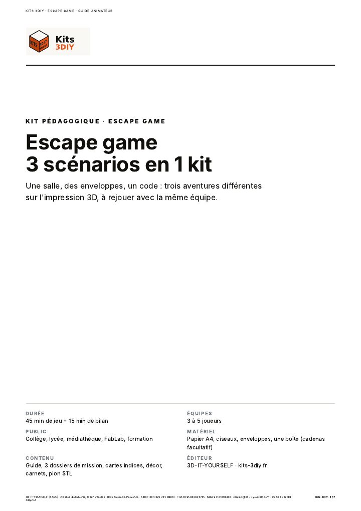 Couverture du kit escape game, 3 scénarios en 1 kit